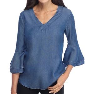Anthropologie Naïf Soft Chambray Bell-Sleeve V-Neck Blouse Top Cottagecore Boho